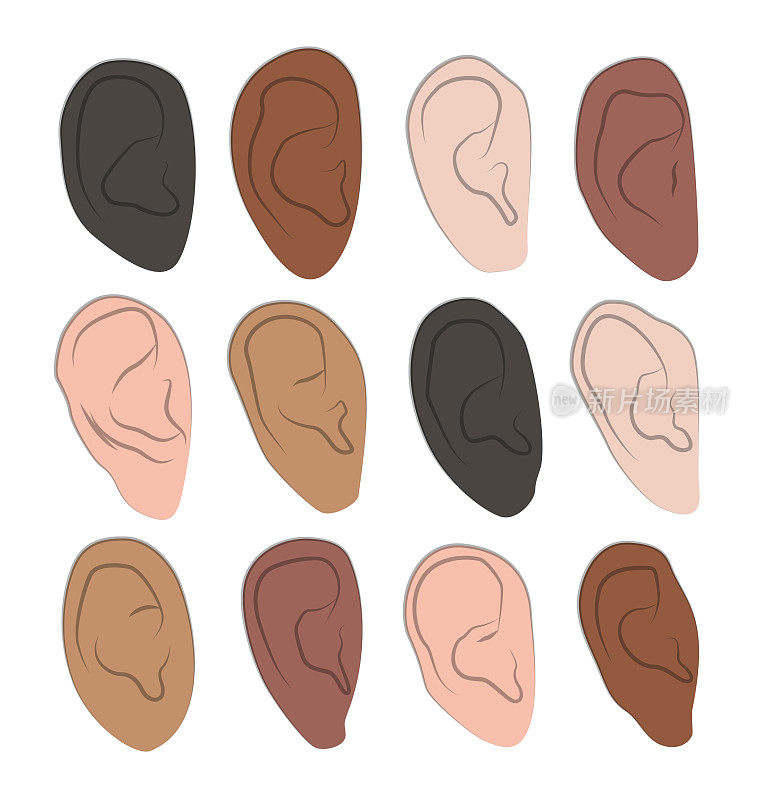 Vector illustrations set of hand drawn human ears in various shapes and skin colors on a white background.